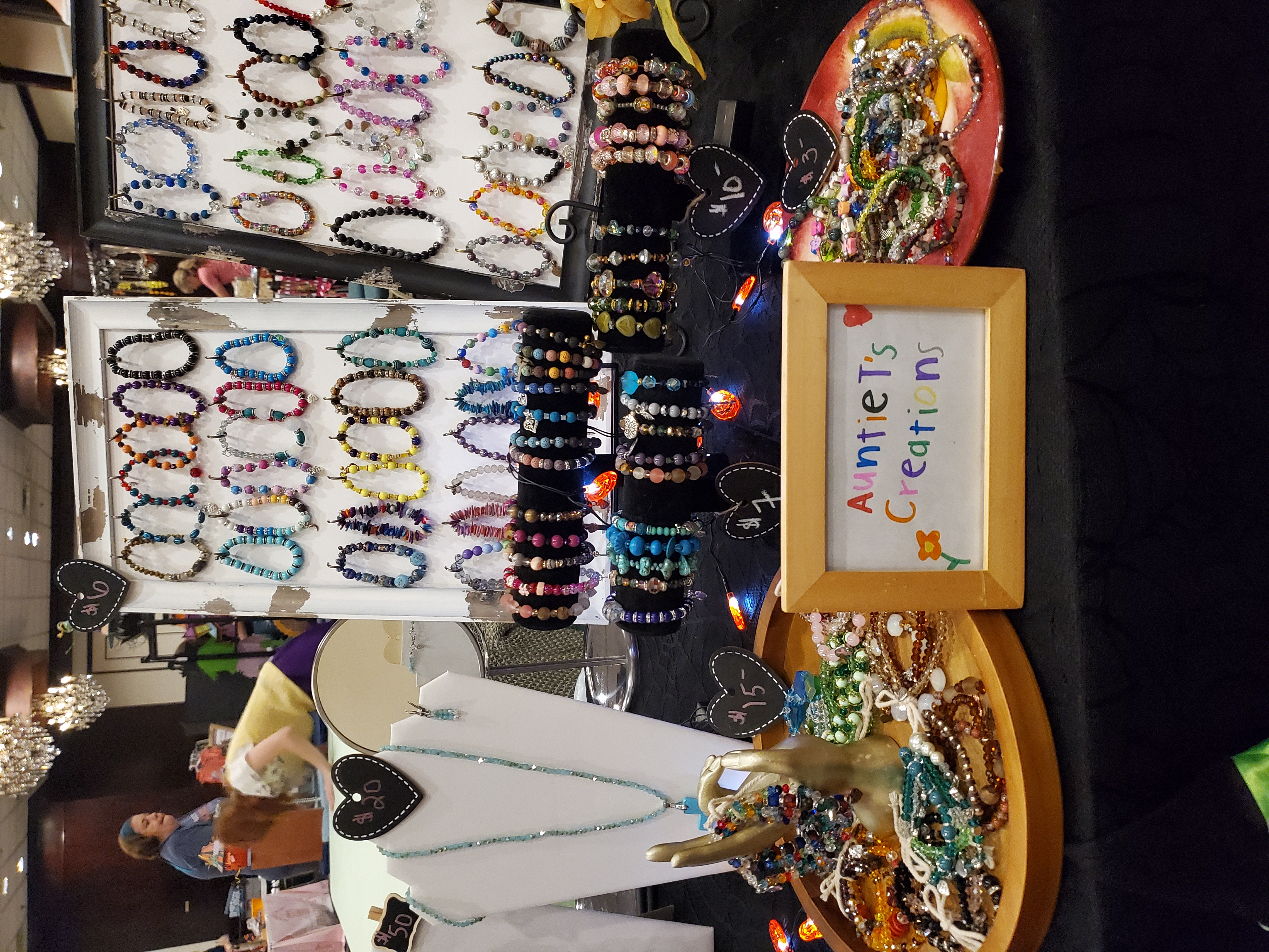 a display of bead bracelets