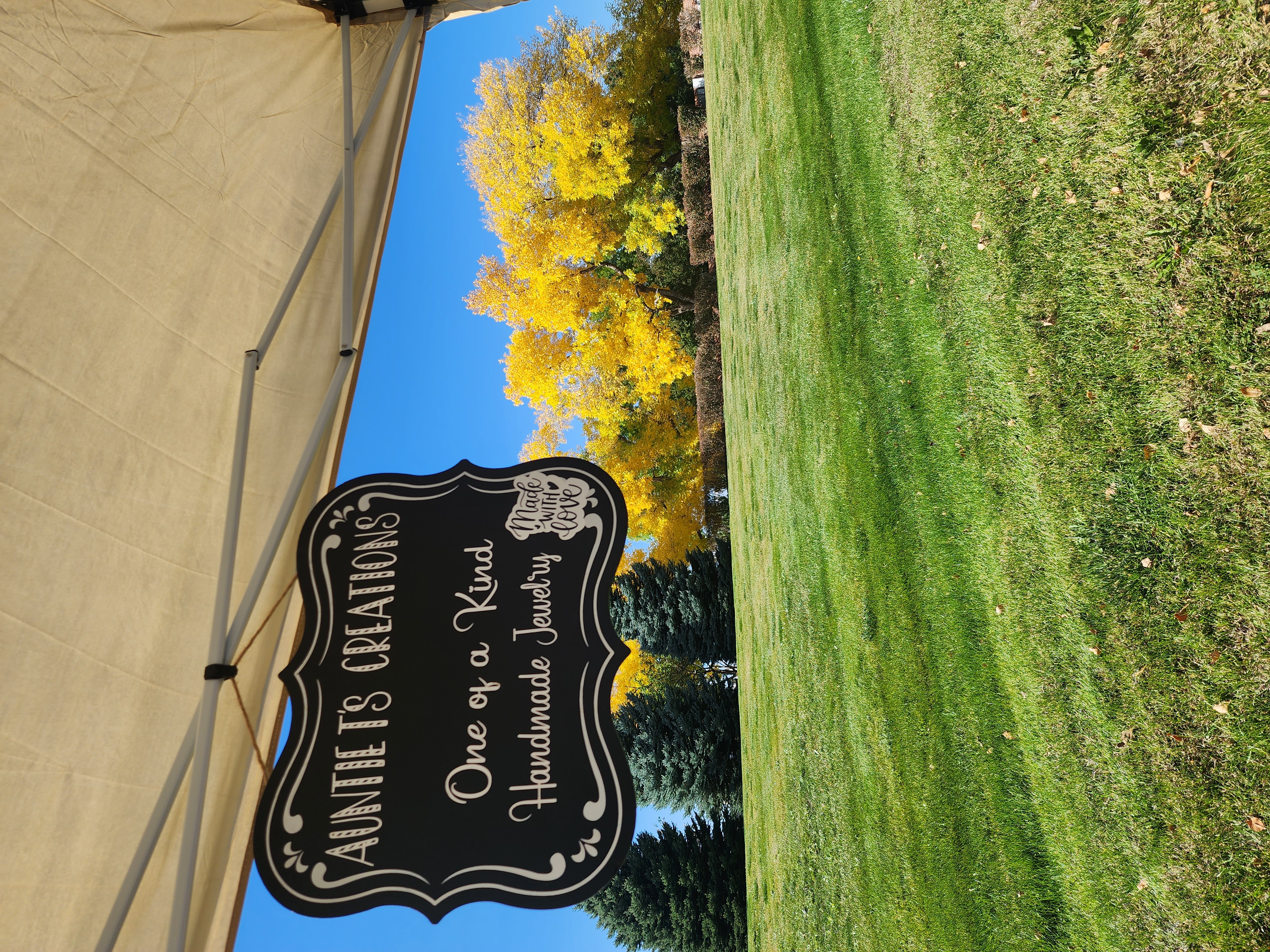 a chalkboard sign reading Auntie T's Creations One of a Kind Handmade Jewelry. The sign is in front of a field with trees in autumn