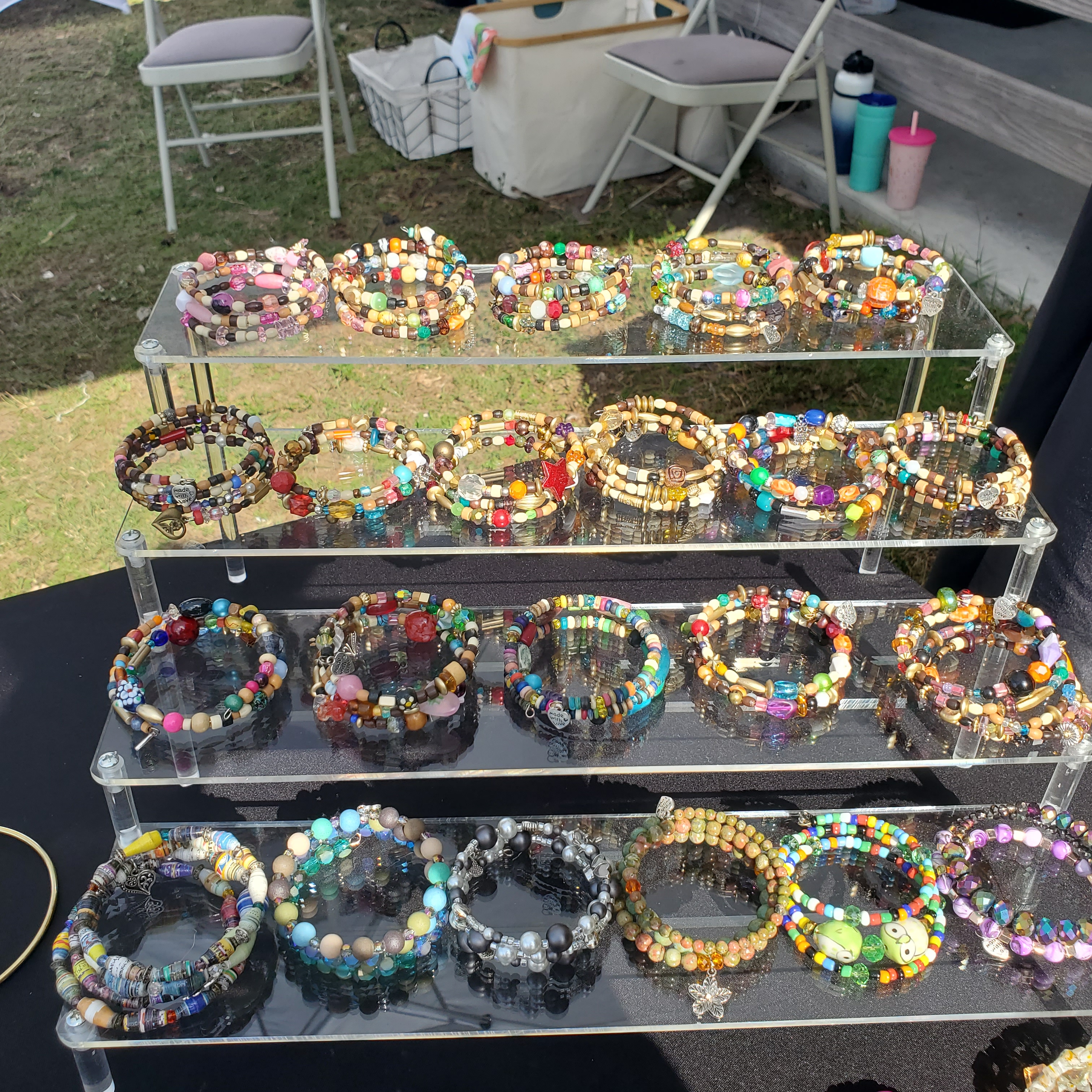 a display of many bead bracelets